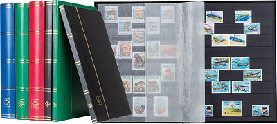 Classeurs BASIC de 16 à 64 pages noires avec bandes rhodoïd pour timbres