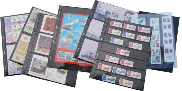 Feuilles GRANDE pour timbres ou blocs de 1 à 8 bandes avec fond transparent  ou avec fond noir
