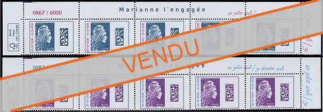Haut de feuille numéroté Marianne l'Engagée  - 5 timbres Europe et Monde gommés surchargés 20/07/2018 - 31/12/2018