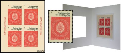 Feuillet bicentenaire Caisse des dépôts et consignations 2016 tirage autoadhésif - bloc de 4 timbres