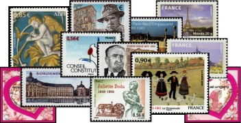 Lot des 12 timbres commémoratifs tirage autoadhésif 2009 provenant des feuilles entreprises (support blanc)