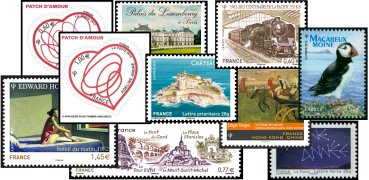 Lot des 10 timbres commémoratifs tirage autoadhésif 2012 provenant des feuilles réservées aux entreprises (support blanc)