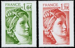 Paire grand format 40 ans du type Sabine 1977 - 1,46 € vert et 1,70 € rouge provenant du carnet
