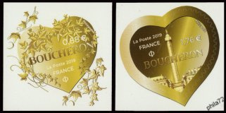 Paire Coeurs Boucheron 2019 tirage autoadhésif - 0.88€ et 1.76€ doré provenant de feuille entreprise (support blanc)