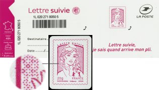 Timbre Marianne et la Jeunesse 2018 tirage autoadhésif - TVP 20g lettre suivie rose pâle fond fleurs stylisés 