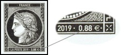 Timbre 170 ans du type Cérès 1849 - 0.88 € noire non dentelé provenant du bloc de 20 timbres 2019