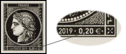 Timbre 170 ans du type Cérès 1849 - 0.20 € noire non dentelé provenant de la feuille de 150 timbres 2019