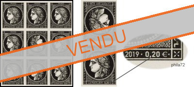 Tête bêche de 9 timbres 170 ans du type Cérès à 0.20 € non dentelés provenant de la feuille de 150 timbres 2019