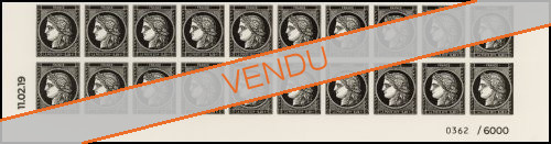 Bas de feuille de 20 timbres 170 ans du type Cérès à 0.20 € non dentelés avec coin daté et n°provenant de la feuille de 150 timbres 2019