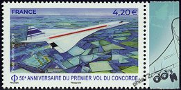 50 ans du premier vol du concorde - 4.20€ multicolore provenant du bloc feuillet avec marge illustrée