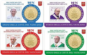 Lot de 4 StampCoincards Vatican 2019 CC série n°22 a n°25 pièces 50 cents Armoiries du pape François et timbres
