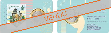 StampCoincard n°3 Saint-Marin pièce 1 euro 2019 CC et timbre 0.95€ - verso fond vert