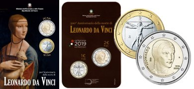 Commémorative 2 euros et 1 euro Italie 2019 BU - 500ème anniversaire de la mort de Léonard de Vinci
