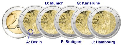 Commémorative 2 euros Allemagne 2019 UNC - 30 ans Chute du mur de Berlin - 5 ateliers