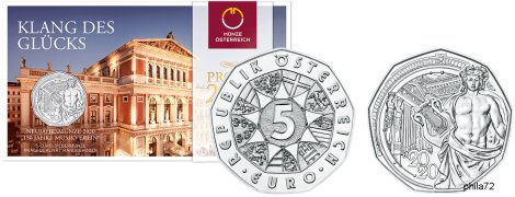 Commémorative 5 euros Argent Autriche 2020 BU - Nouvel an 150 ans Musikverein de Vienne