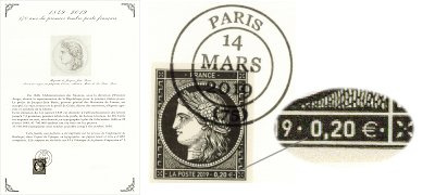 Timbre 170 ans du type Cérès 1849 - 0.20 € noire non dentelé oblitéré 1er jour sur document officiel + affichette