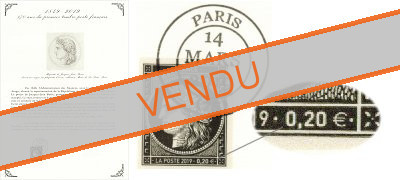 Timbre 170 ans du type Cérès 1849 - 0.20 € noire non dentelé oblitéré 1er jour sur document officiel + affichette