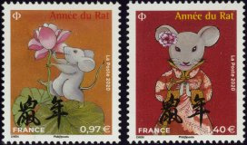 Paire timbres nouvel an chinois année du rat 2020 - petit format 0.97€ et 1.40€ multicolore provenant de 2 blocs différents