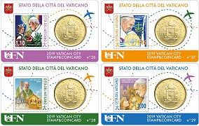 Lot de 4 StampCoincards Vatican 2019 CC série n°26 à n°29 pièces 50 cents Armoiries du pape François et timbres