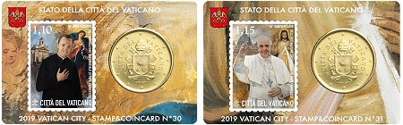 Lot de 2 StampCoincards Vatican 2019 CC série n°30 à n°31 pièces 50 cents Armoiries du pape François et timbres