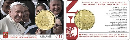 Coincard n°11 pièce 50 cents Vatican 2020 CC - Armoiries du pape François