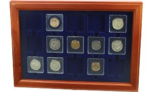 Vitrine numismatique de 15 cases carrées 50 mm pour monnaies sous capsules Quadrum