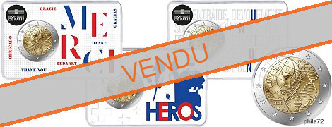 Trio commémoratives 2 euros France 2020 BU Recherche médicale - Coincards version MERCI, HEROS et UNION