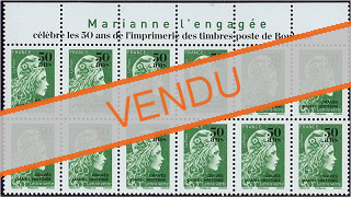 Haut de feuilles de 12 timbres Marianne l'engagée 2020 - TVP lettre verte surchargé 50 ans gravés dans l'histoire