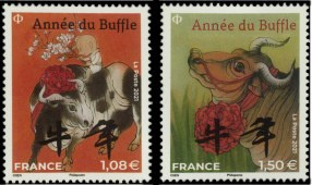 Paire timbres nouvel an chinois année du buffle 2021 - grand format 1.08€ et 1.50€ multicolore provenant de 2 blocs différents