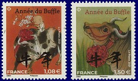 Paire timbres nouvel an chinois année du buffle 2021 - petit format 1.08€ et 1.50€ multicolore provenant de 2 blocs différents