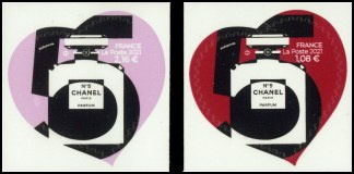 Paire Coeurs Chanel n°5 2021 tirage autoadhésif - 1.08€ et 2.16€ multicolore provenant de feuille entreprise (support blanc)