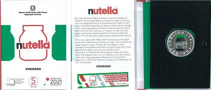 Commémorative 5 euros argent Italie 2021 FDC Coffret Vert  - Nutella colorisée