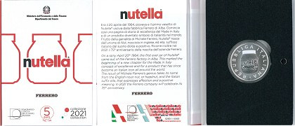 Commémorative 5 euros argent Italie 2021 FDC Coffret Blanc  - Nutella colorisée