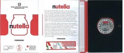 Commémorative 5 euros argent Italie 2021 FDC Coffret Rouge  - Nutella colorisée