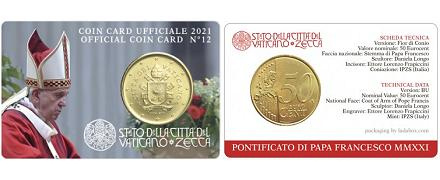 Coincard n°12 pièce 50 cents Vatican 2021 CC - Armoiries du pape François