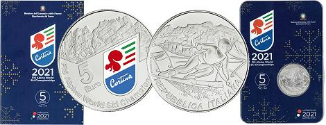 Commémorative 5 euros argent Italie 2021 FDC en Coincard - Championnat Mondial de Ski Alpin