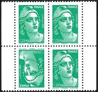 Bloc de 4 timbres Marianne de Gandon 2021 - TVP lettre verte avec un tête bêche issue de carnet