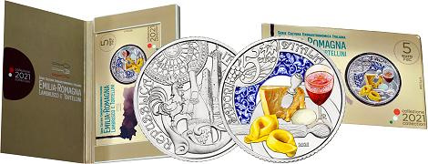 Commémorative 5 euros Italie 2021 FDC colorisée en Coincard - Gastronomie Lambrusco et Tortelinni