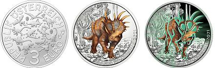 Commémorative 3 euros Autriche 2021 UNC - Le Styracosaurus