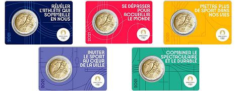 Lot 5x commémoratives 2 euros France 2021 BU Marianne JO Paris 2024 - Blisters Couleurs