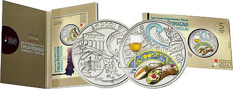 Commémorative 5 euros Italie 2021 FDC colorisée en Coincard - Gastronomie Cannoli et Passito