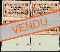 Merson surchargé Exposition Philatélique Le Havre 1929 - 2f + 5f orange et vert-bleu bloc de 4 timbres