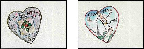 Paire Chanel premier tirage privé tirage autoadhésif - 0.50€ et 0.75€ multicolore provenant de feuille entreprise (bord de feuille droit)