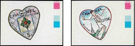 Paire Chanel premier tirage privé tirage autoadhésif - 0.50€ et 0.75€ multicolore provenant de feuille entreprise (bord de feuille repère droit)