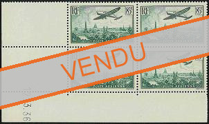 Avion survolant Paris - 85c vert-foncé bloc de 4 timbres en coin de feuille datée 1936