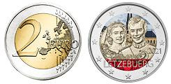Commémorative 2 euros Luxembourg 2021 UNC couleur type A - Mariage du Grand Duc Henri