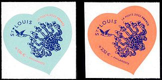 Paire Coeurs Saint-Louis 2022 tirage autoadhésif - 1.16€ et 2.32€ multicolore provenant de feuille entreprise (support blanc)