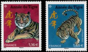Paire timbres nouvel an chinois année du tigre 2022 - grand format 1.16€ et 1.65€ multicolore provenant de 2 blocs différents