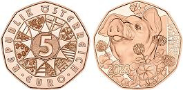 Commémorative 5 euros Cuivre Autriche 2023 UNC - Nouvel An le populaire cochon