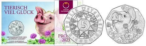 Commémorative 5 euros Argent Autriche 2023 BU - Nouvel An le populaire cochon